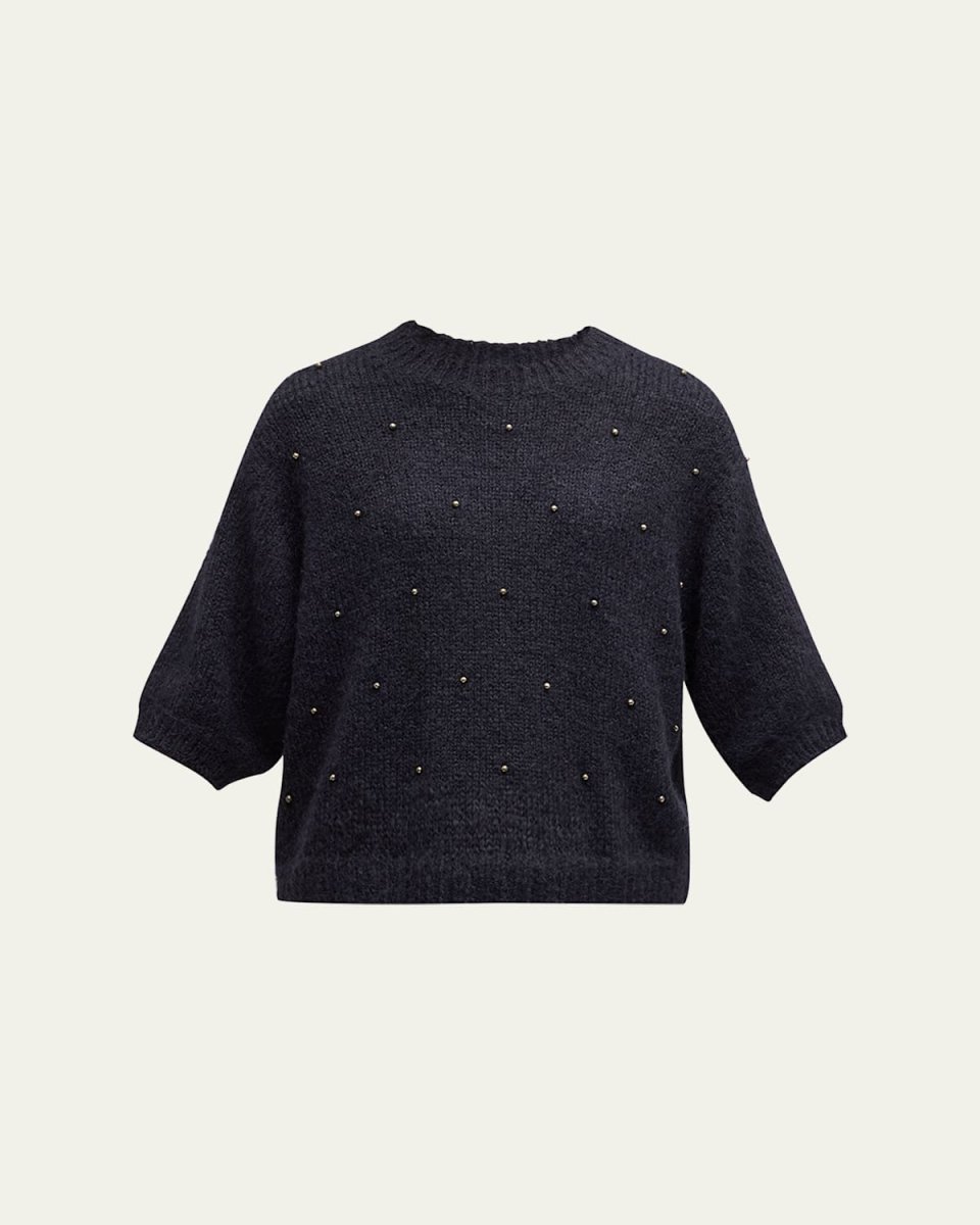 Studded Short-Sleeve Alpaca Wool Mock-Neck Sweater